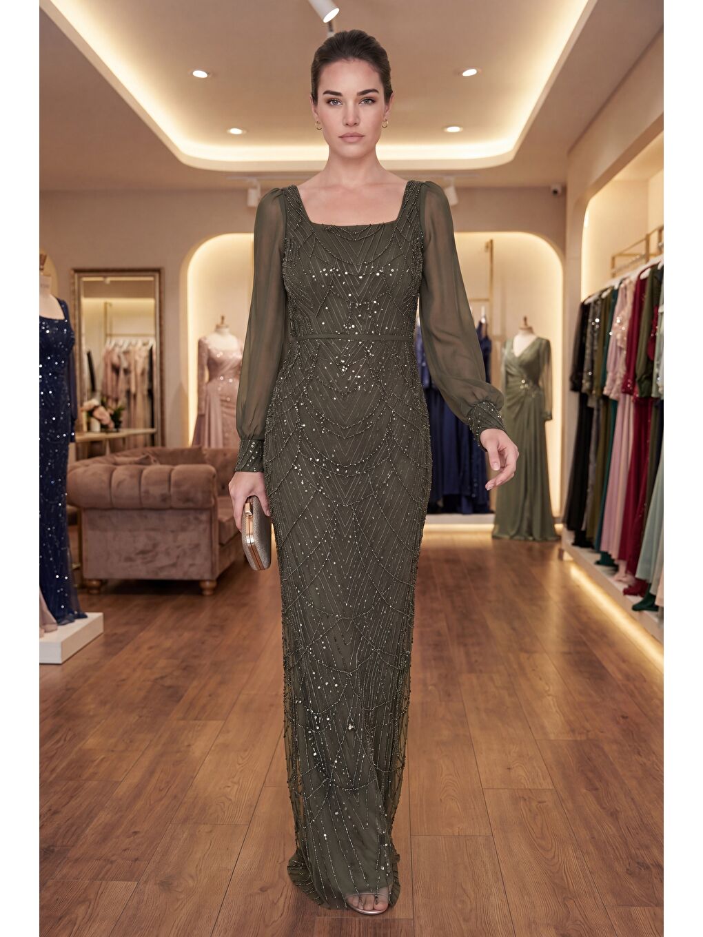 Kadın Haki Kare Yaka Uzun Kollu Boncuklu Abiye Elbise-3