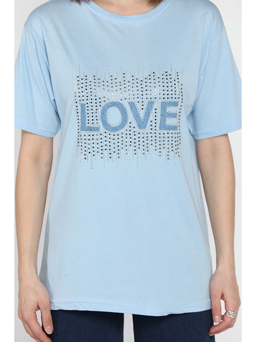 Mavi Love Taşlı Bisiklet Yaka Kadın Tişört-3