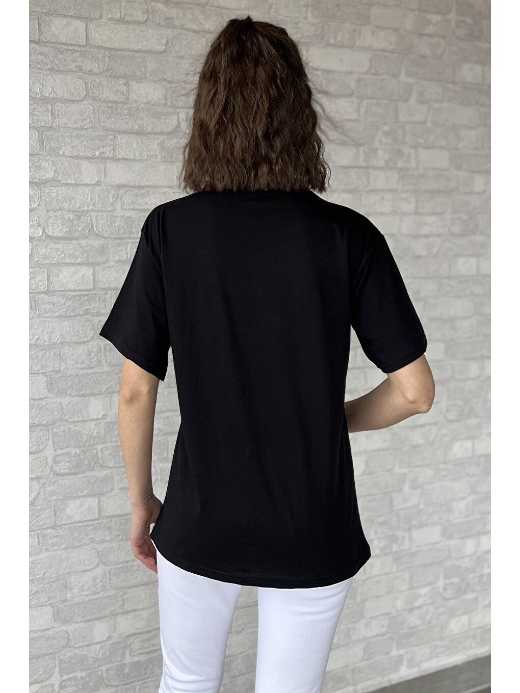 Siyah Love Taşlı Bisiklet Yaka Kadın Tişört-2