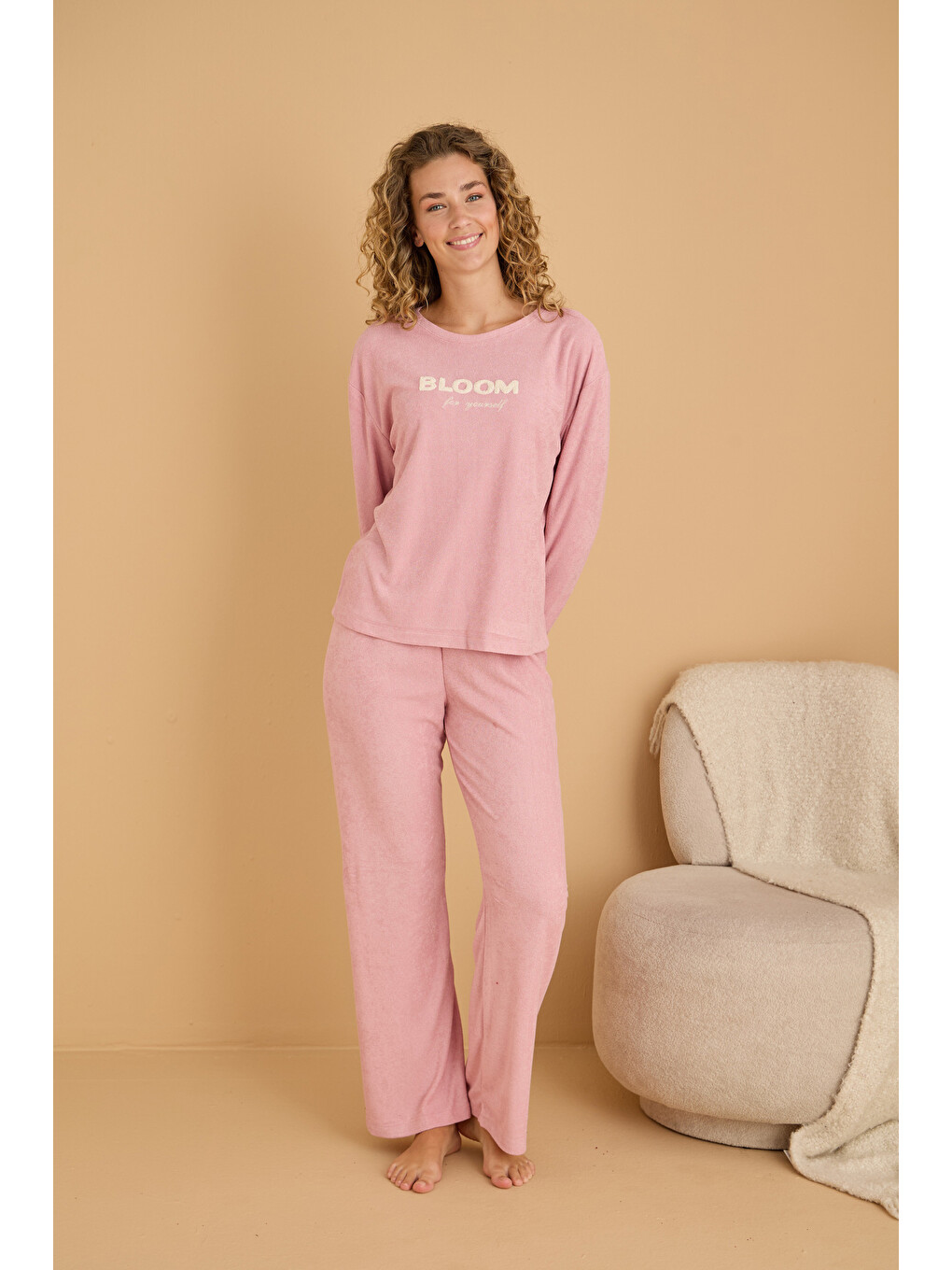 Pembe Nakışlı Havlu Kumaş Örme Pijama Takım25226006-1