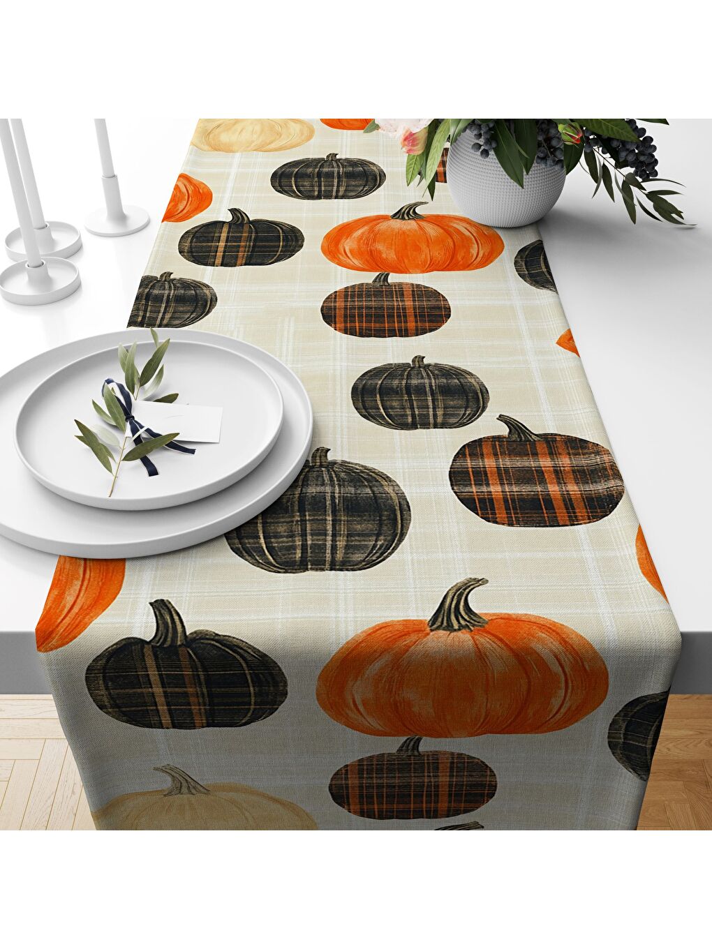 Karışık Sonbahar Desenli 40x140 cm Kadife Masa Örtüsü Runner-1