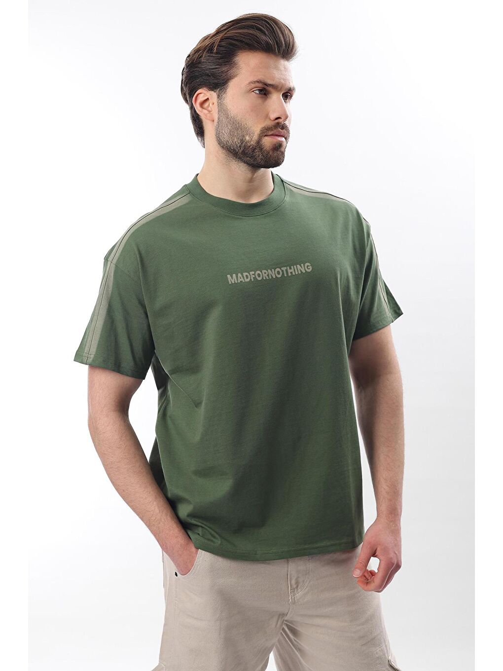 Haki Bisiklet Yaka Baskılı Erkek %100 Pamuk Tişört E7110-1