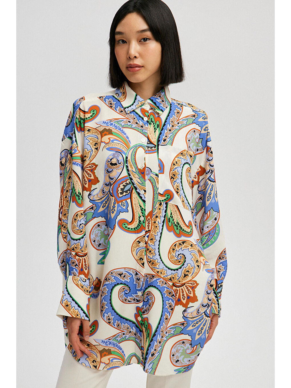 Bej Şal Desenli Viskon Gömlek-1