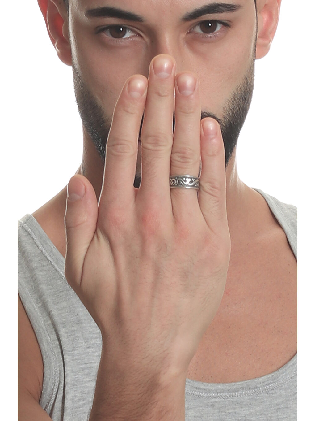 Gri Erkek Antik Gümüş Kaplama Ayarlanabilir Otantik Desenli Yüzük-3