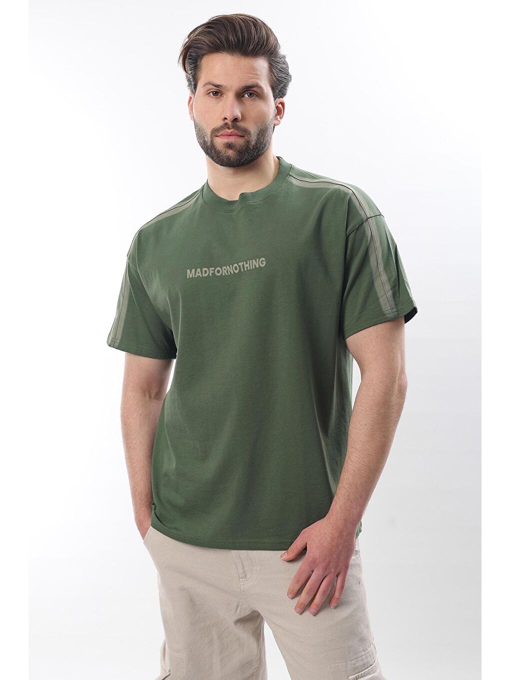 Haki Bisiklet Yaka Baskılı Erkek %100 Pamuk Tişört E7110-3