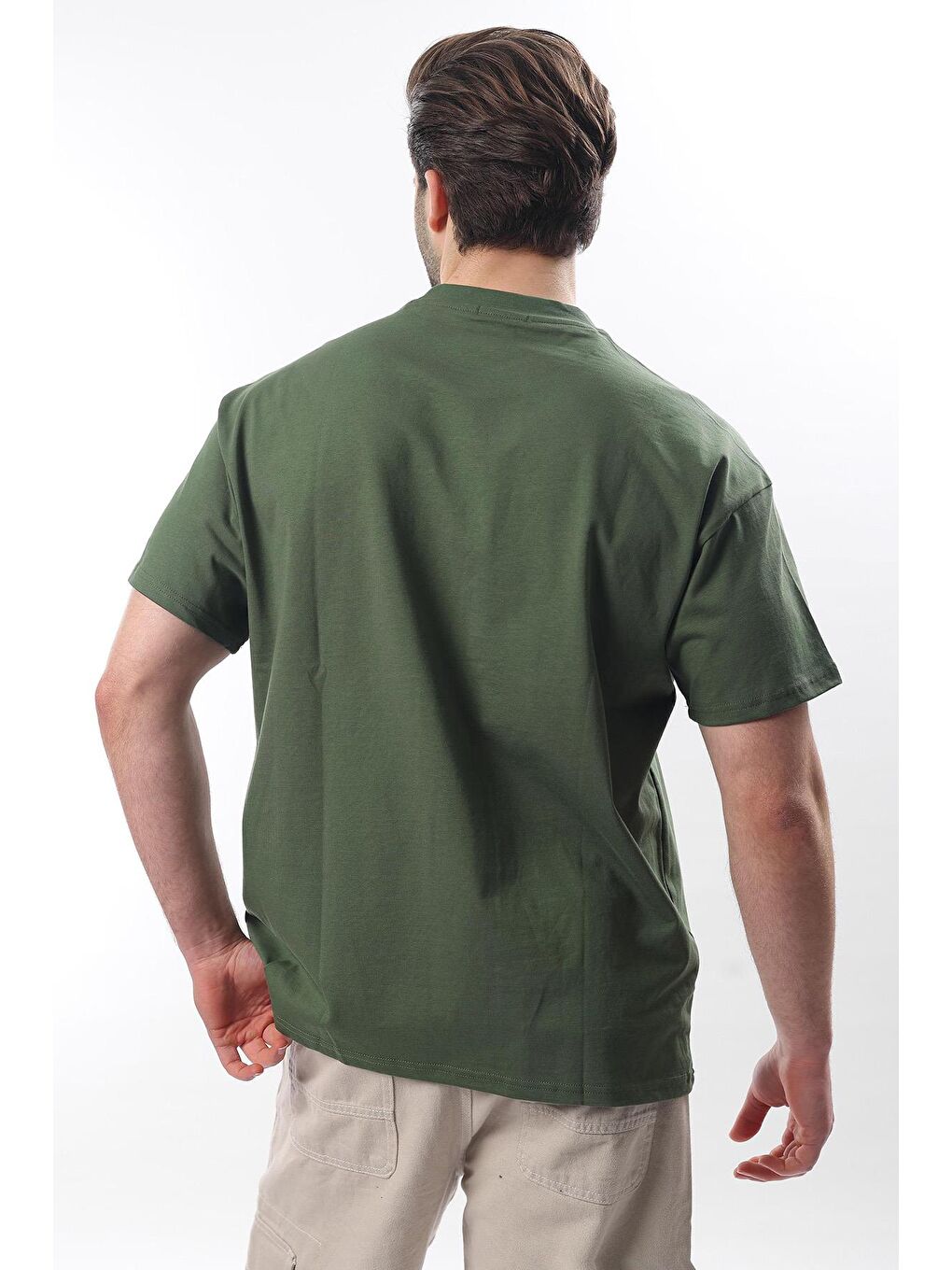 Haki Bisiklet Yaka Baskılı Erkek %100 Pamuk Tişört E7110-4