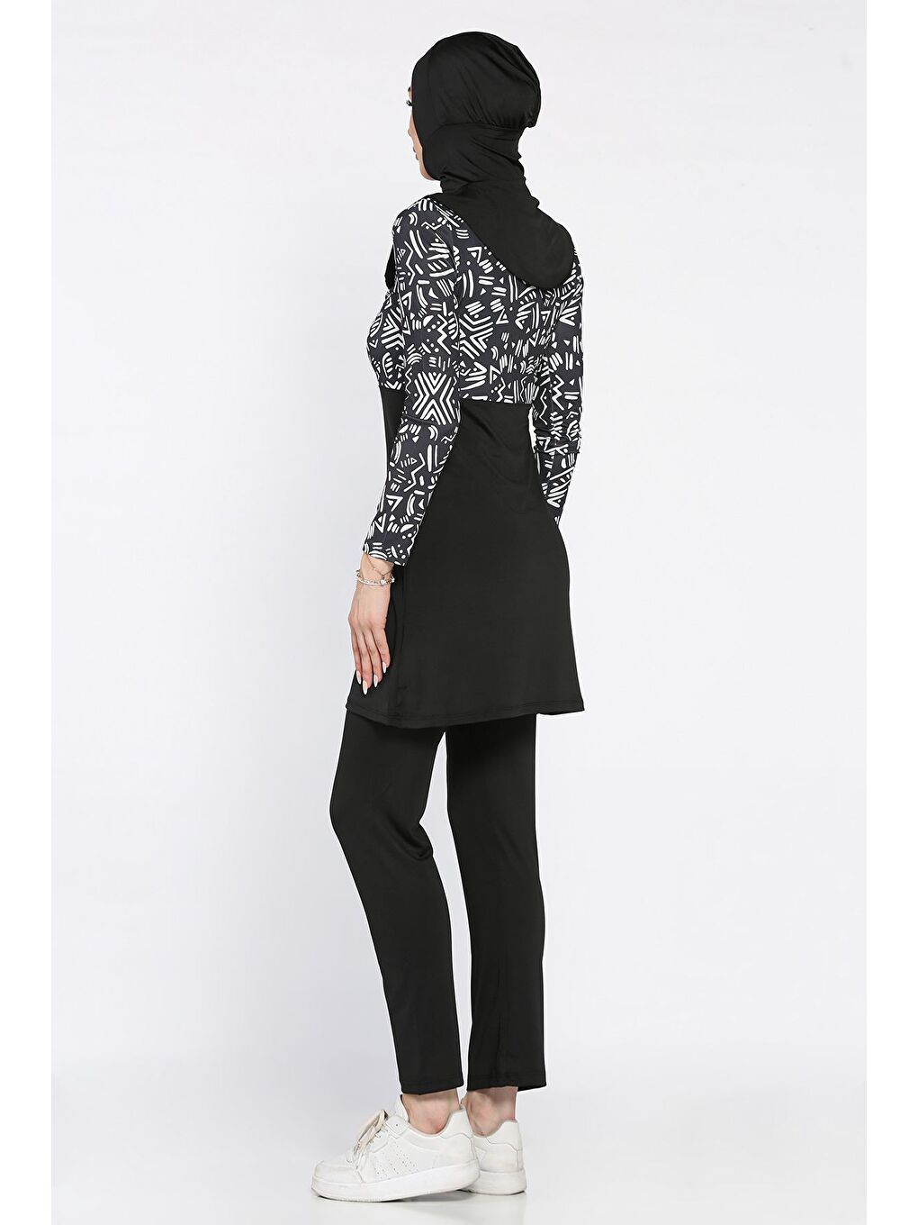 Siyah Kadın Desenli Tam Kapalı Tunik Büstiyer Pantolon Bone 4'lü Tesettür Mayo-5