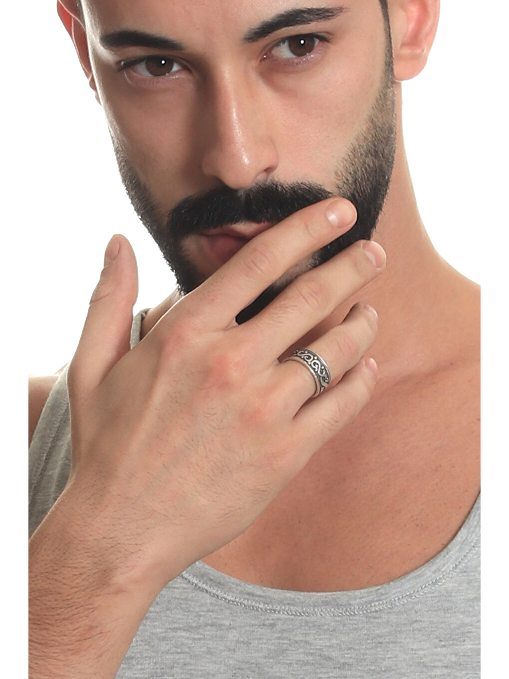 Gri Erkek Antik Gümüş Kaplama Ayarlanabilir Otantik Desenli Yüzük-4