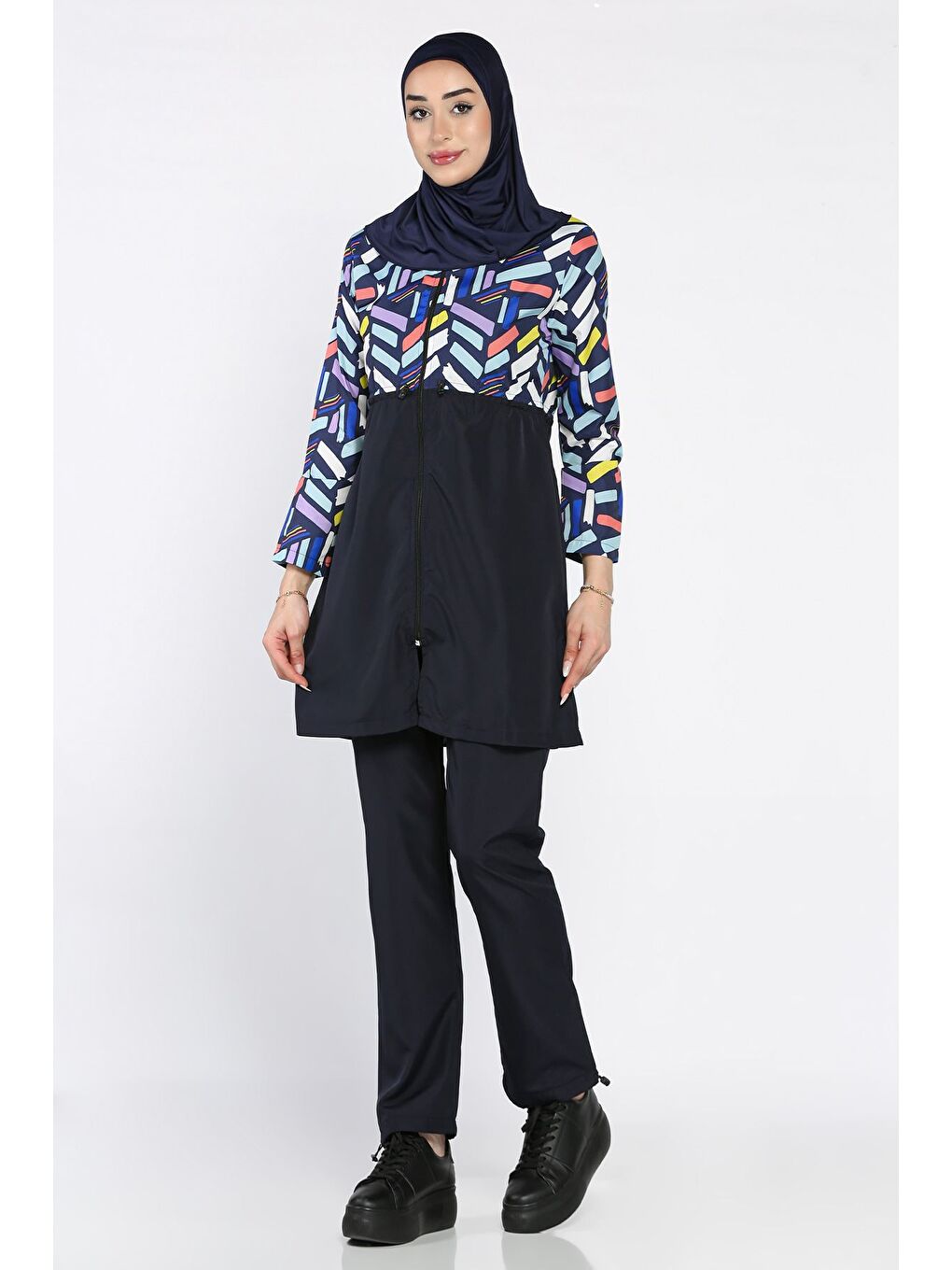 Lacivert Kadın Tam Kapalı Paraşüt Kumaş Büstiyer Tunik Pantolon Bone 4'lü Tesettür Mayo-3