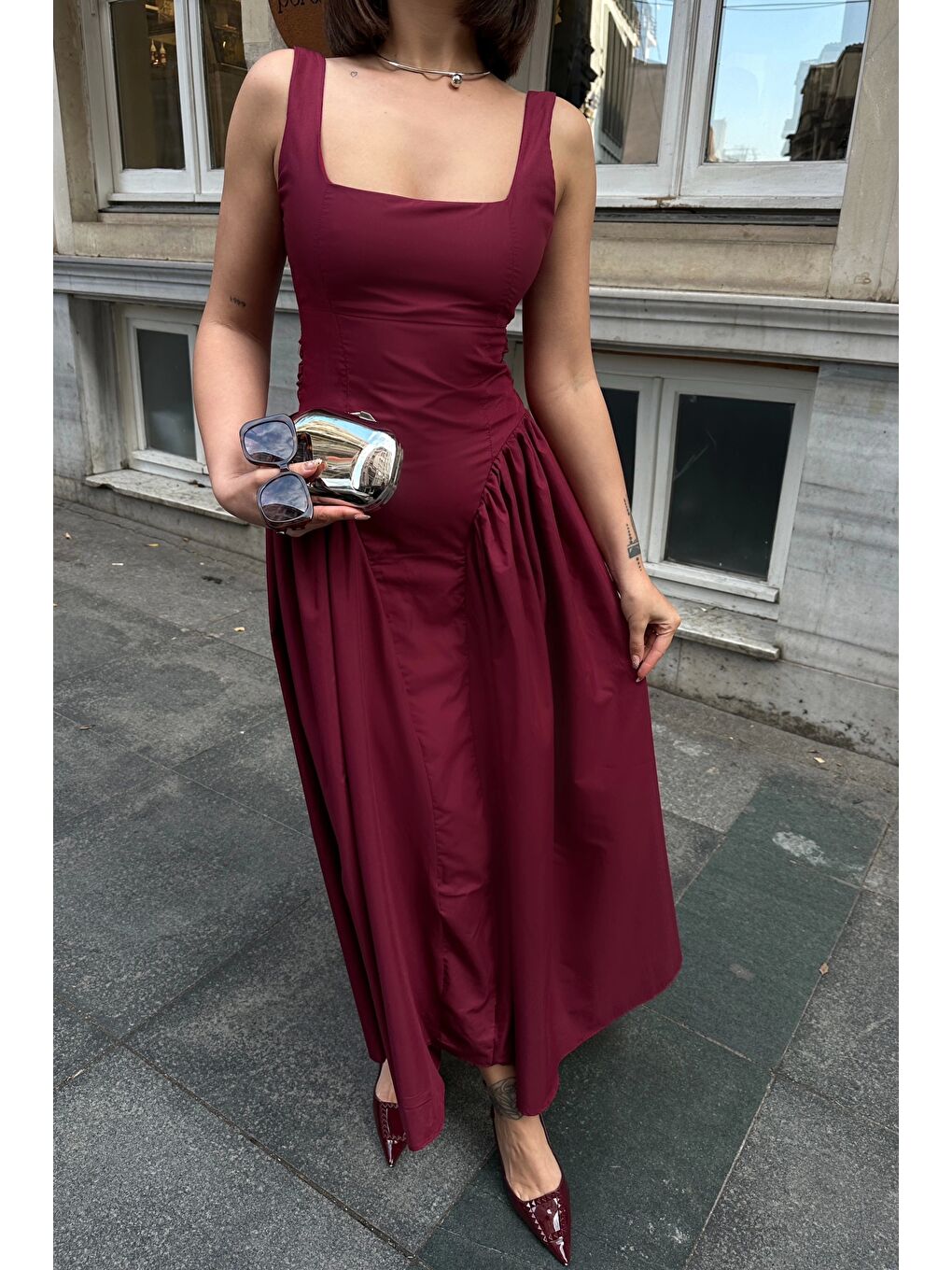 Kadın Bordo Sırt Dekolteli Elbise 1026-0042