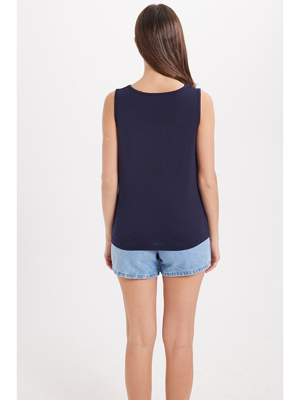Kadın Oversize Geniş Kesim Kolsuz Degaje Yaka Lacivert Atlet-5