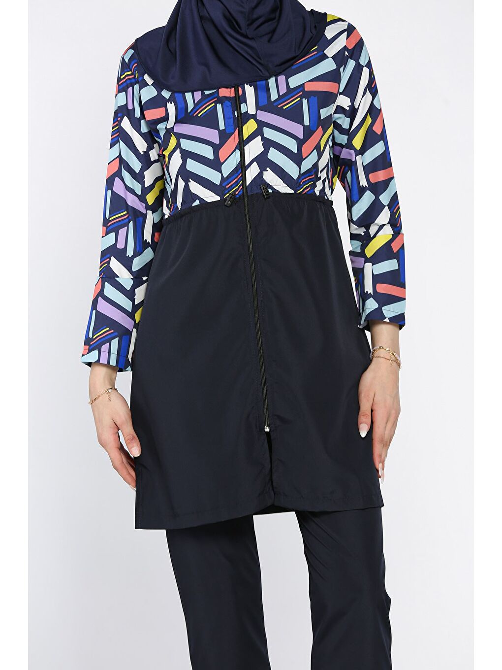 Lacivert Kadın Tam Kapalı Paraşüt Kumaş Büstiyer Tunik Pantolon Bone 4'lü Tesettür Mayo-6