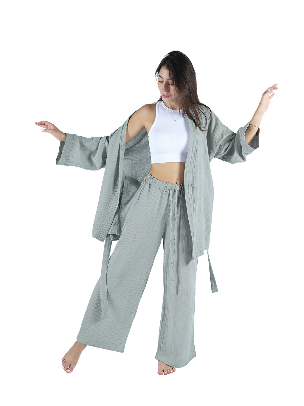 Wheeppo Mint Yeşil Loungewear Tek Pantolon (Lastikli Ve Cepli) – %100 Pamuk Bürümcük Müslin Rahat Kalıp Ev Giyim