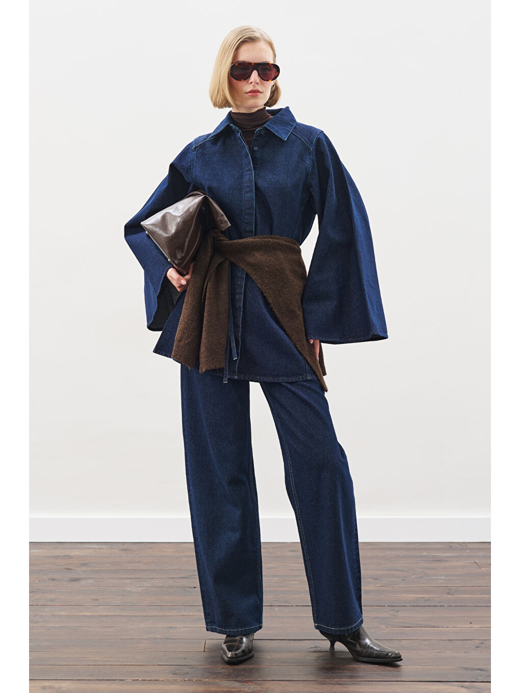 Geniş Pelerin Kollu Denim Gömlek İndigo-1