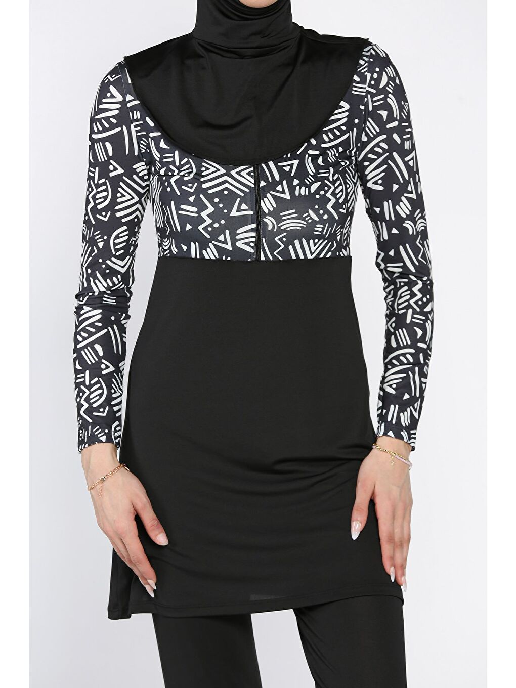 Siyah Kadın Desenli Tam Kapalı Tunik Büstiyer Pantolon Bone 4'lü Tesettür Mayo-7