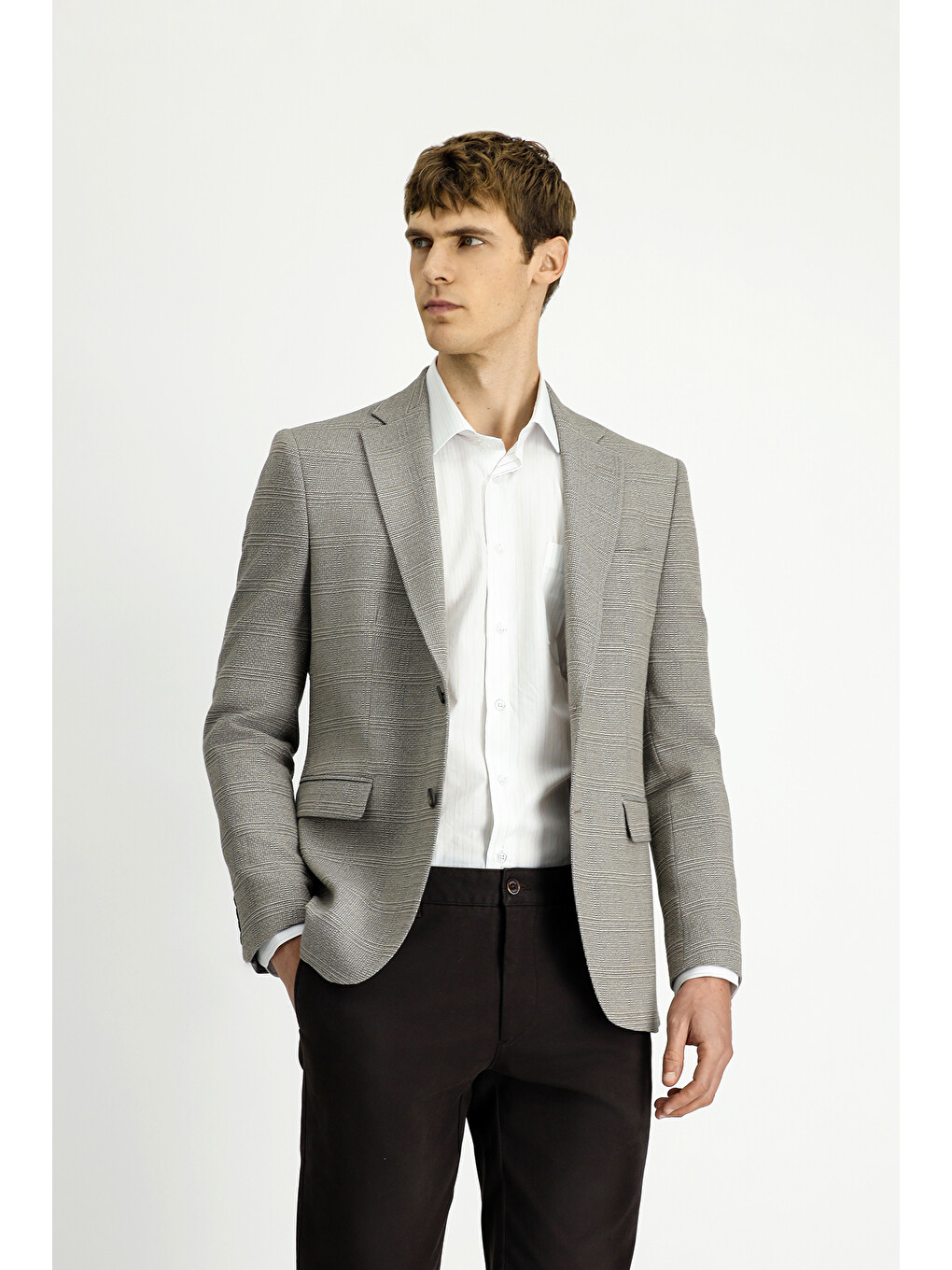 Bej 4 Drop Relaxed Fit Rahat Kesim Klasik Ekose Blazer Ceket