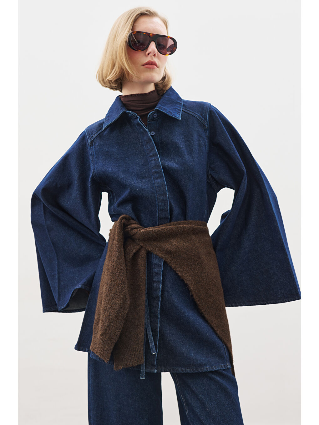 Geniş Pelerin Kollu Denim Gömlek İndigo-2