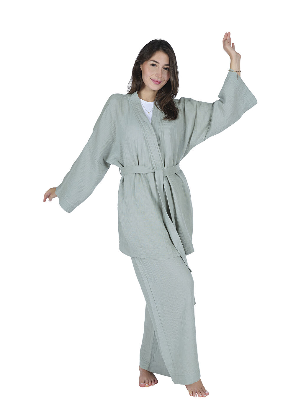 Wheeppo Mint Yeşil Loungewear Tek Pantolon (Lastikli Ve Cepli) – %100 Pamuk Bürümcük Müslin Rahat Kalıp Ev Giyim - 3