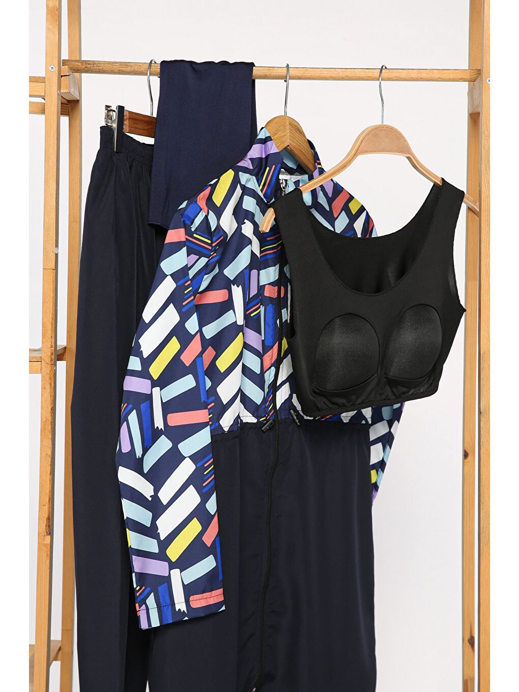 Lacivert Kadın Tam Kapalı Paraşüt Kumaş Büstiyer Tunik Pantolon Bone 4'lü Tesettür Mayo-9