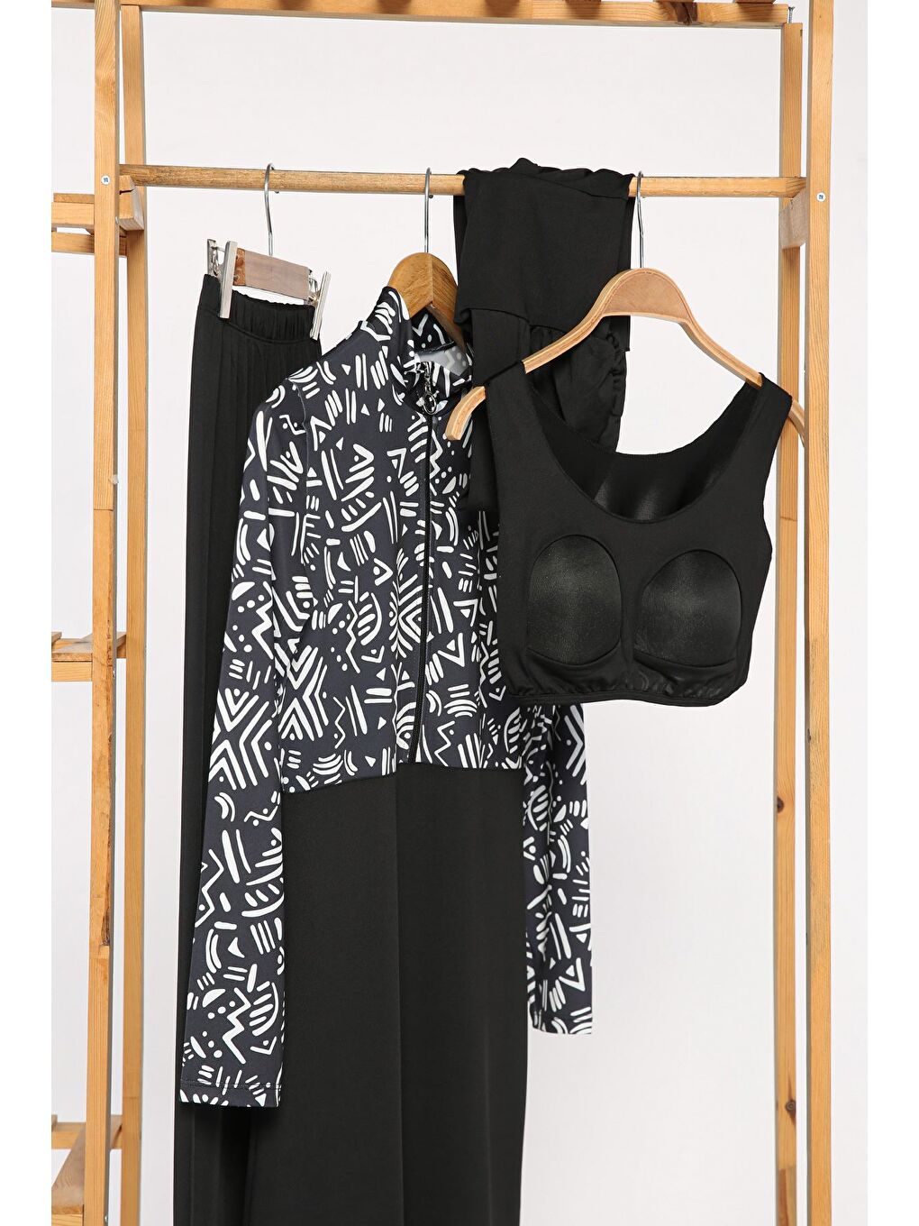 Siyah Kadın Desenli Tam Kapalı Tunik Büstiyer Pantolon Bone 4'lü Tesettür Mayo-8