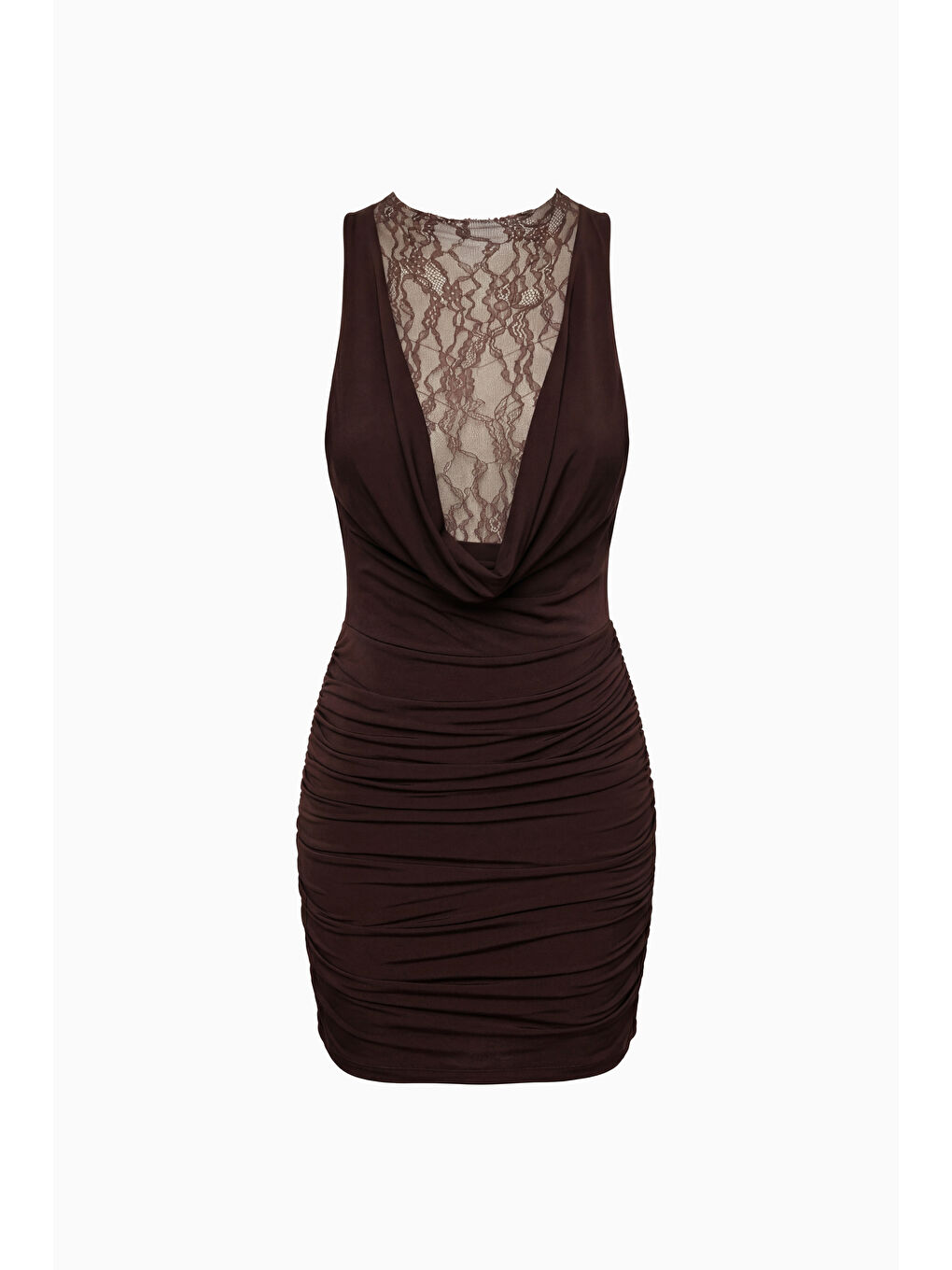 Kadın Kahverengi Dantel Detay Derin Degaje Yaka Mini Abiye & Mezuniyet Elbise
