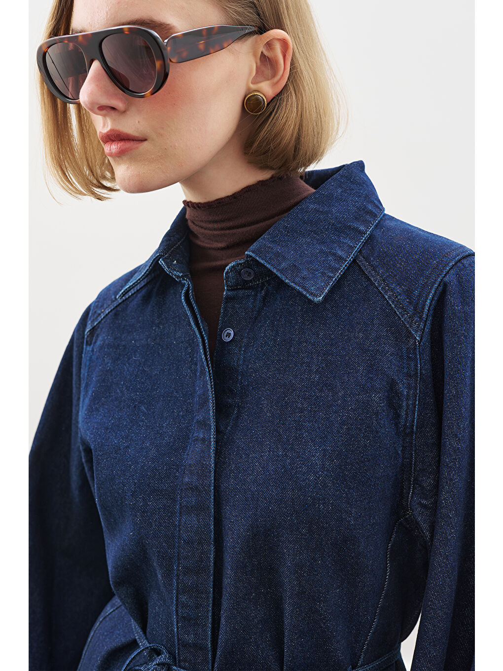 Geniş Pelerin Kollu Denim Gömlek İndigo-5