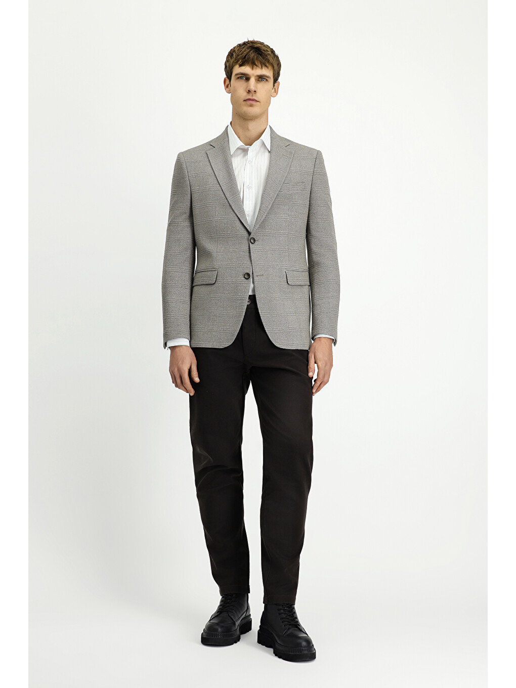 Bej 4 Drop Relaxed Fit Rahat Kesim Klasik Ekose Blazer Ceket-1