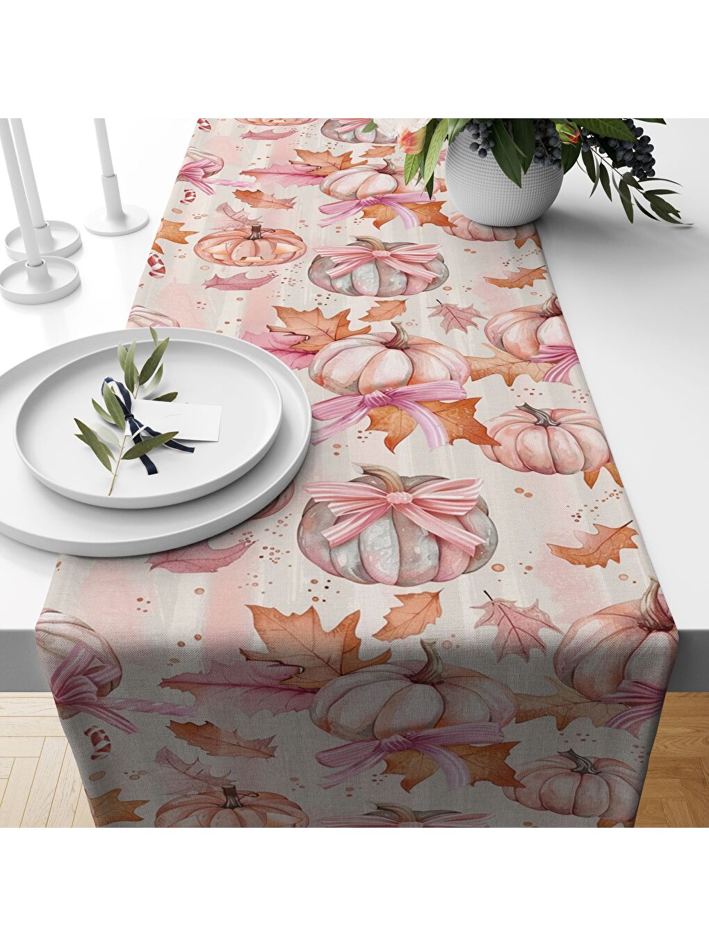 Karışık Sonbahar Desenli 40x140 cm Kadife Masa Örtüsü Runner-1