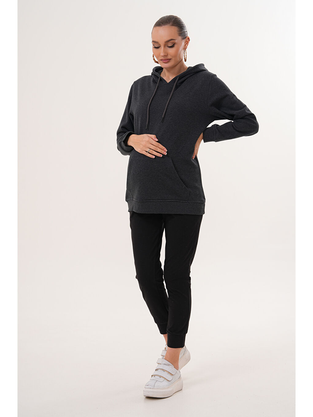 Antrasit %100 Pamuk Hamile ve Lohusa Basic Kapüşonlu Sweatshirt-1