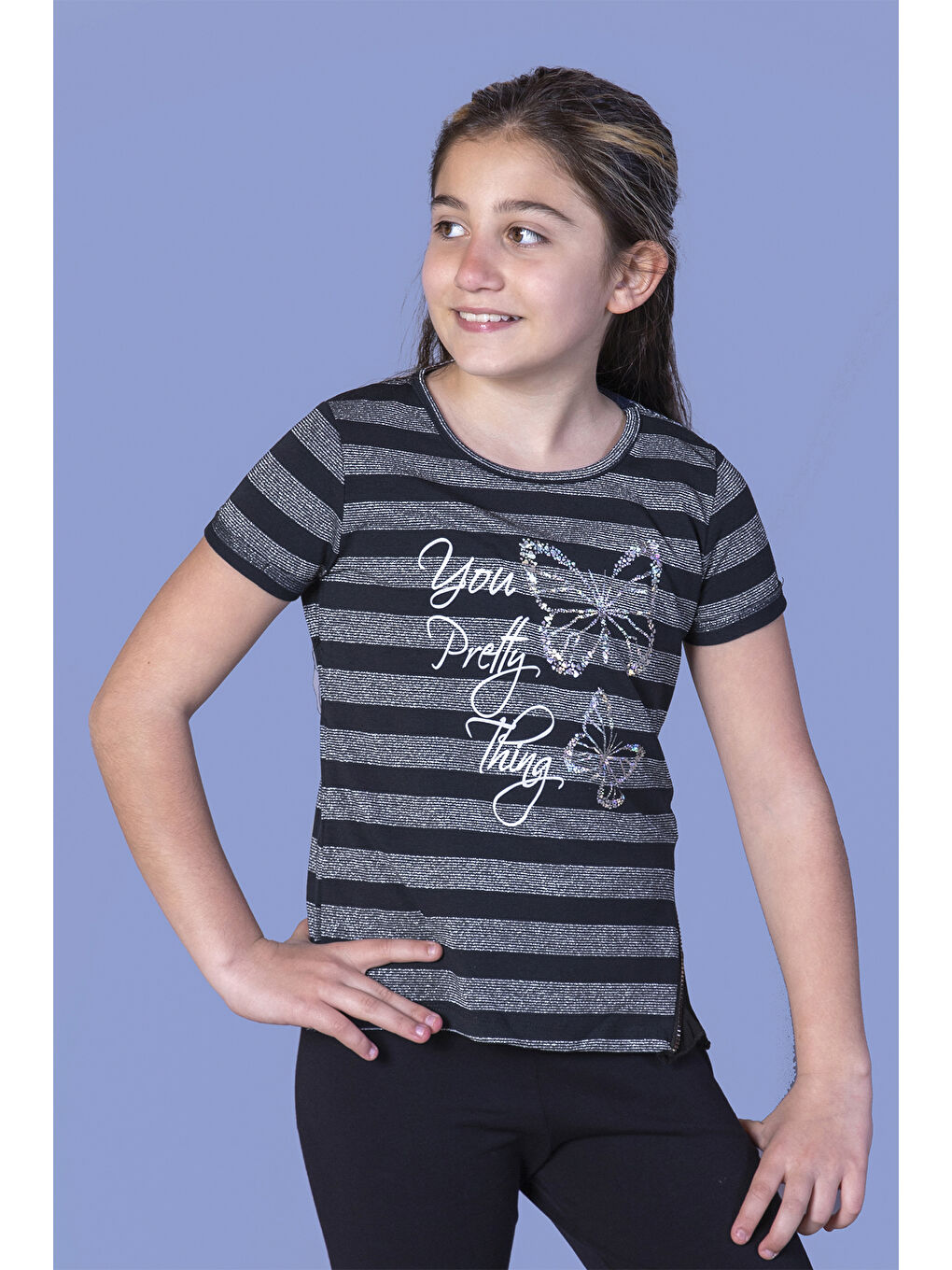 Siyah Kız Çocuk Çizgili Kelebek Baskılı Tişört-1