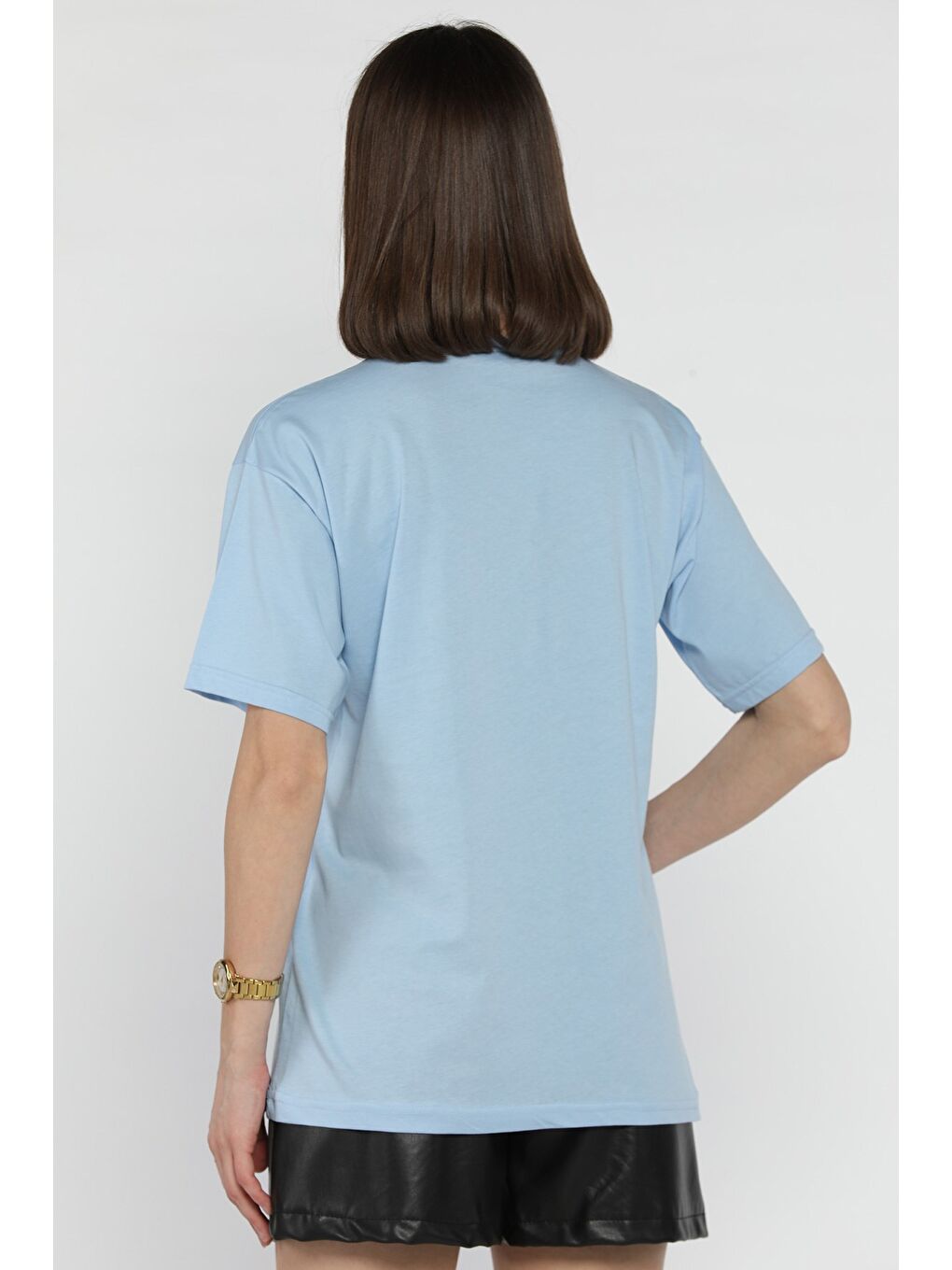 Mavi Fiyonk Taşlı Bisiklet Yaka Kadın Tişört-2