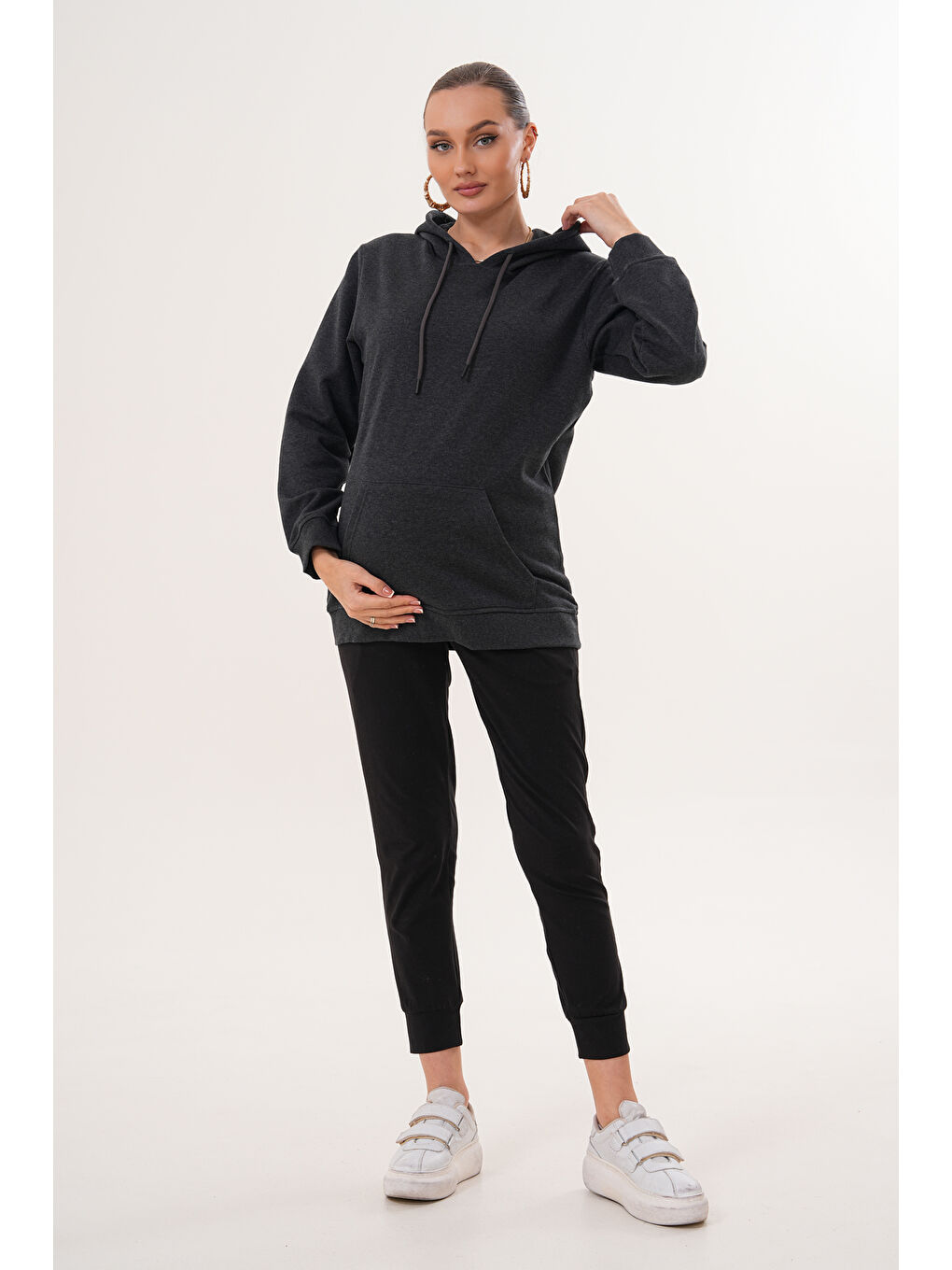 Antrasit %100 Pamuk Hamile ve Lohusa Basic Kapüşonlu Sweatshirt-2