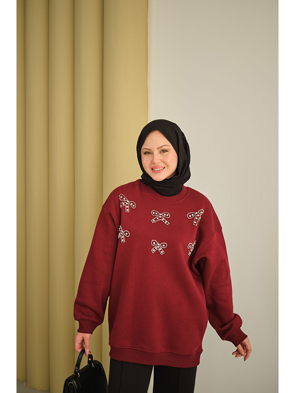 Kadın Kurdelesi Taş Detay Sweat Bordo-2