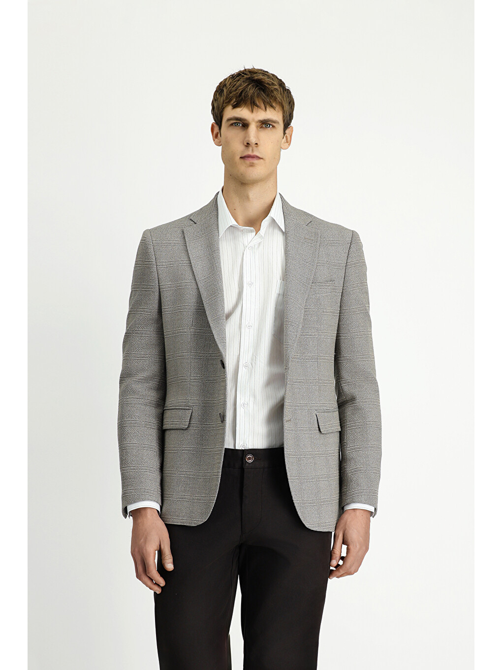 Bej 4 Drop Relaxed Fit Rahat Kesim Klasik Ekose Blazer Ceket-2