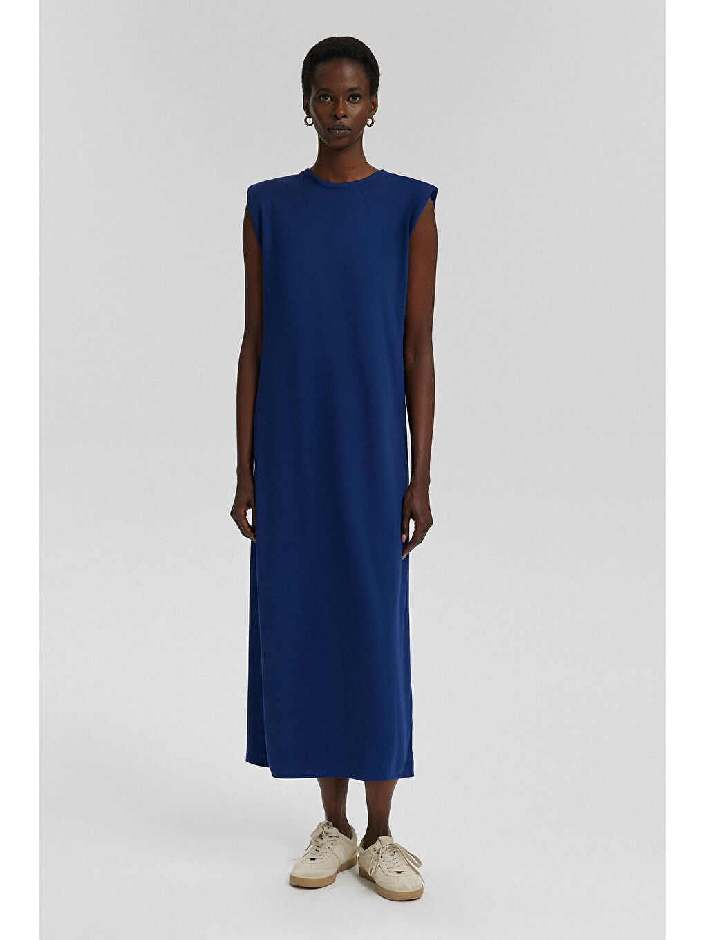 Lacivert Bisiklet Yaka Vatkalı Elbise