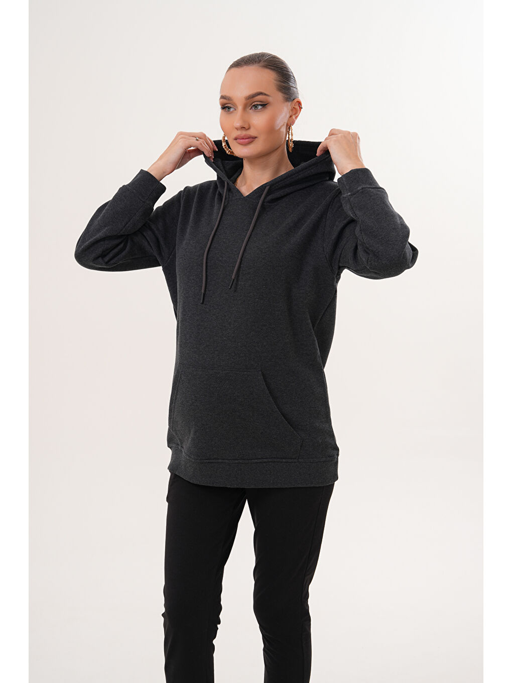 Antrasit %100 Pamuk Hamile ve Lohusa Basic Kapüşonlu Sweatshirt-3