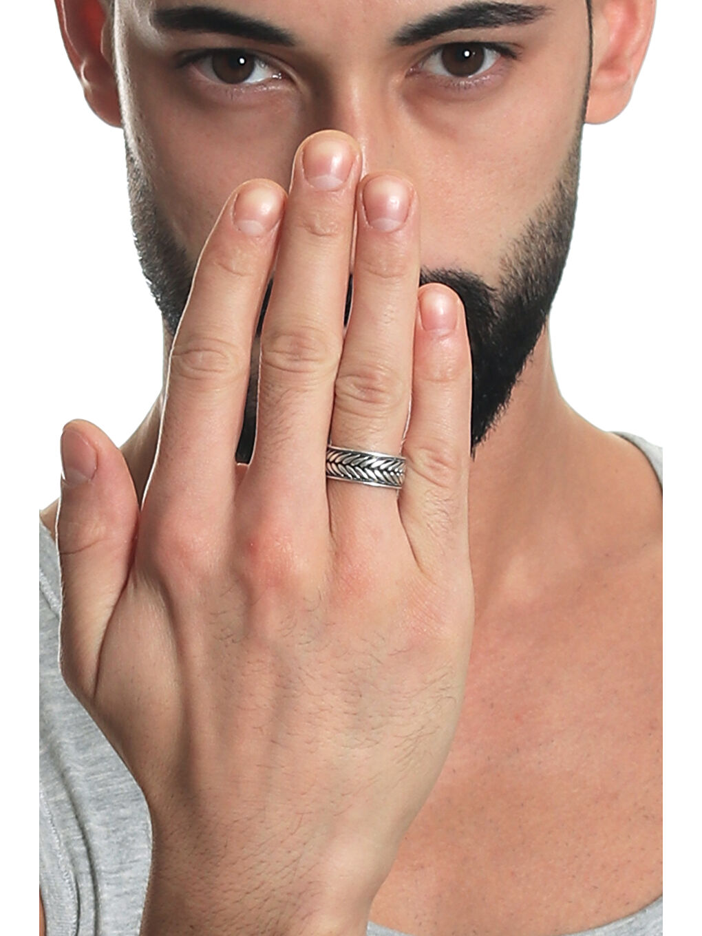 Gri Erkek Antik Gümüş Kaplama Ayarlanabilir Yaprak Desenli Yüzük-3