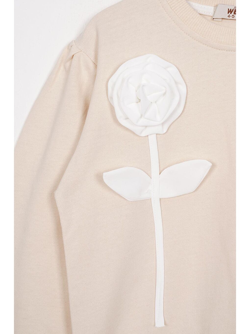 Bej Gül Detaylı Paçası Lastikli Taş Renk Kız Çocuk Eşofman Takımı-1