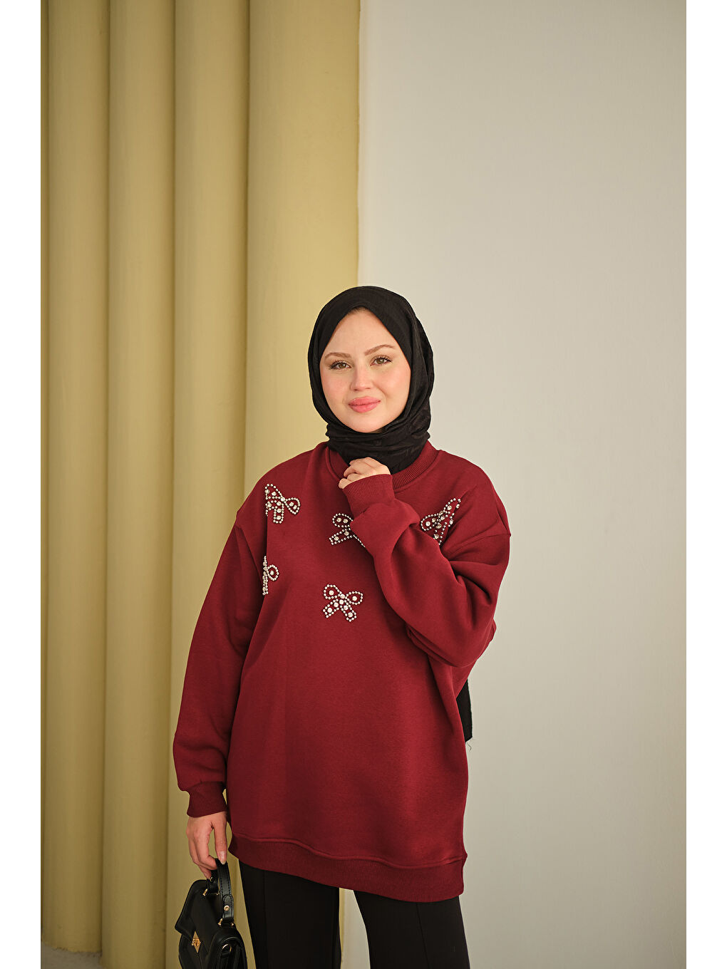 Kadın Kurdelesi Taş Detay Sweat Bordo-3