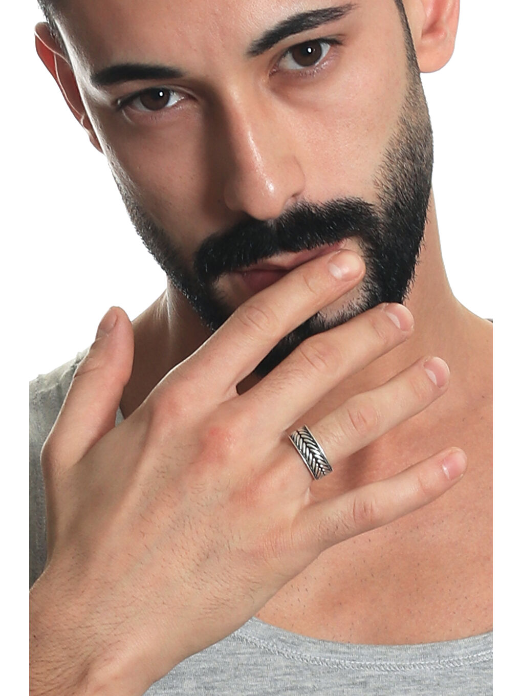 Gri Erkek Antik Gümüş Kaplama Ayarlanabilir Yaprak Desenli Yüzük-4