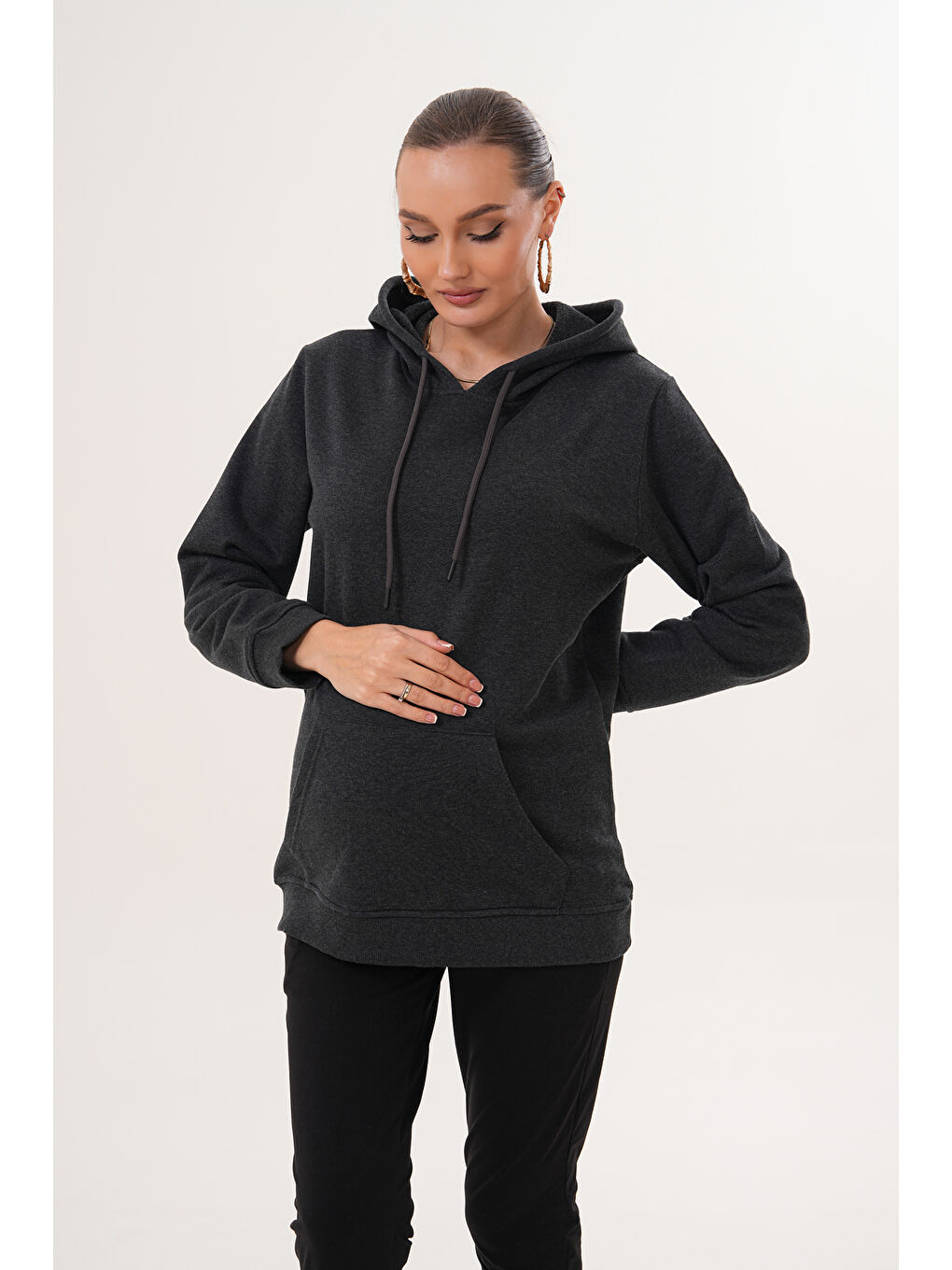 Antrasit %100 Pamuk Hamile ve Lohusa Basic Kapüşonlu Sweatshirt-4
