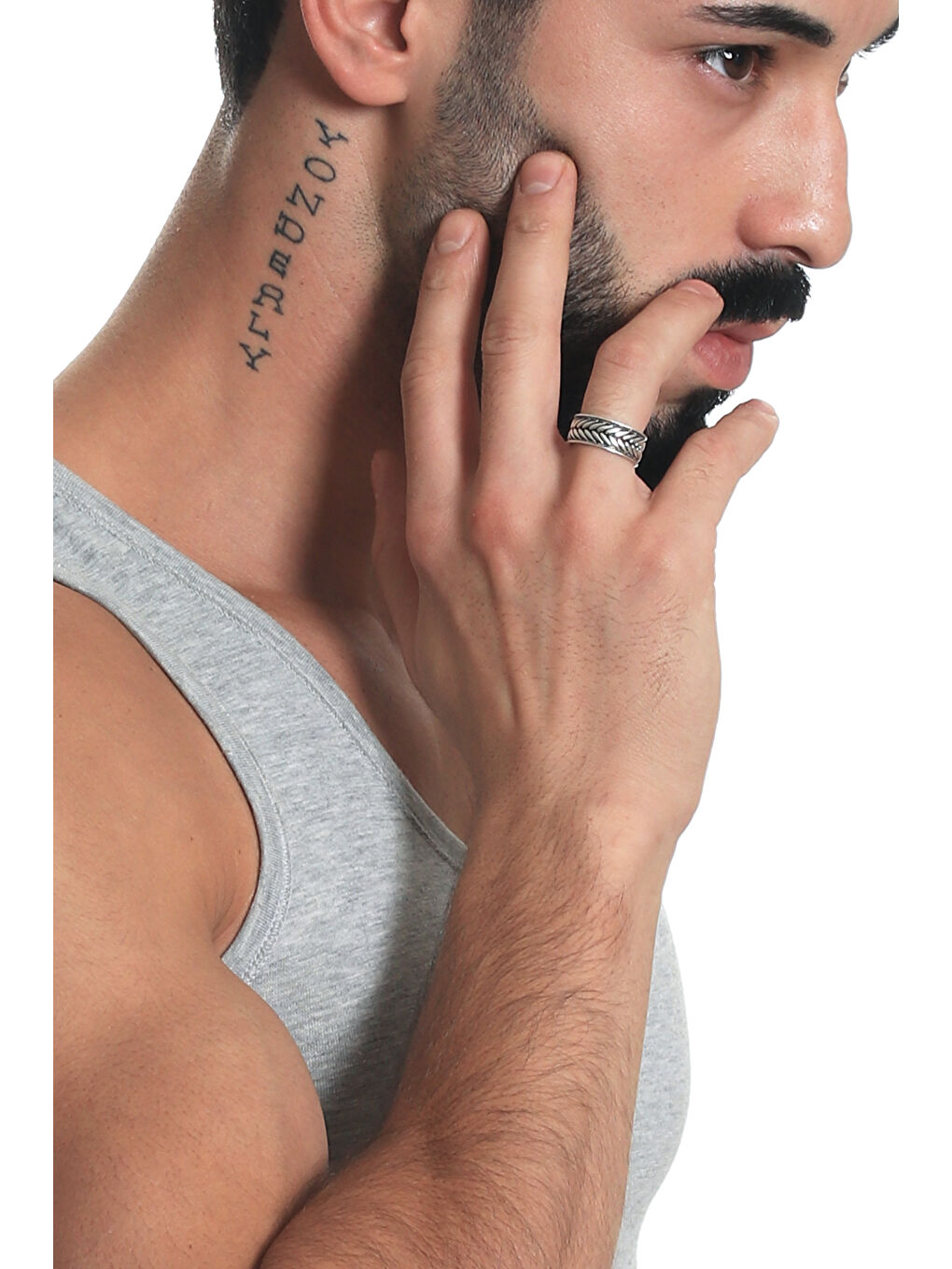 Gri Erkek Antik Gümüş Kaplama Ayarlanabilir Yaprak Desenli Yüzük-5