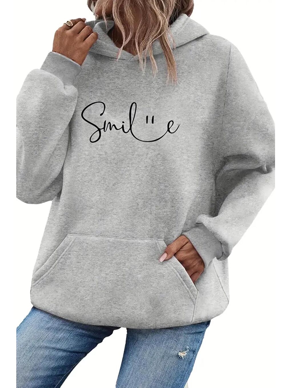Gri Ön Yazı Baskılı İçi Pamuklu Unisex Sweatshirt