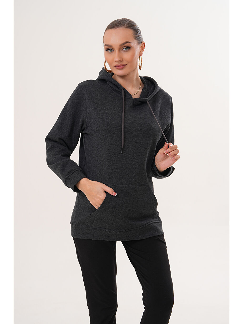 Antrasit %100 Pamuk Hamile ve Lohusa Basic Kapüşonlu Sweatshirt-5