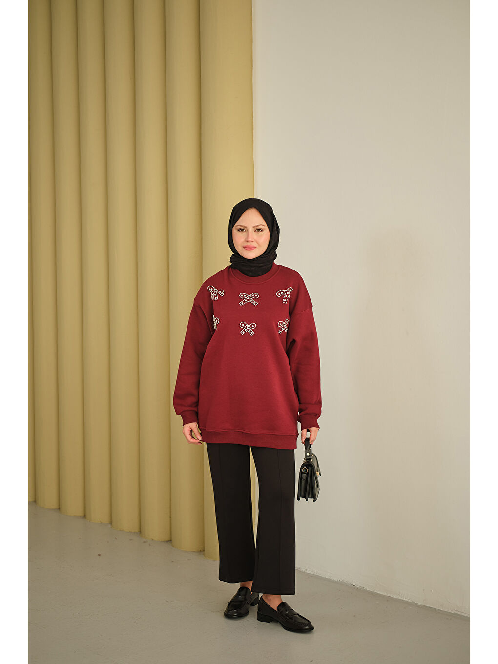 Kadın Kurdelesi Taş Detay Sweat Bordo-4