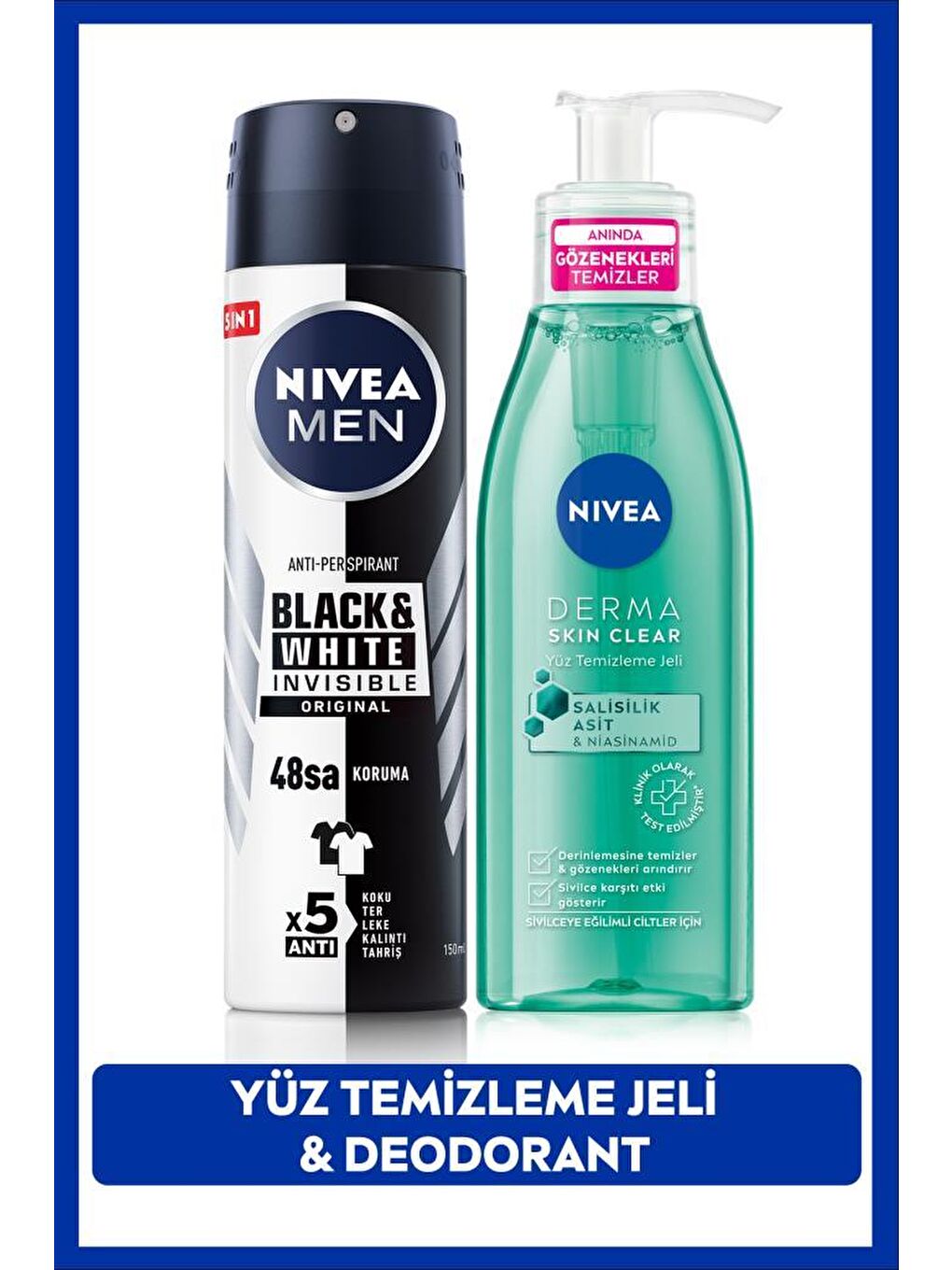 NIVEA Şeffaf Derma Skin Clear Sivilce Karşıtı Yüz Temizleme Jeli 150ml, Erkek Sprey Deodorant Black&White 150ml