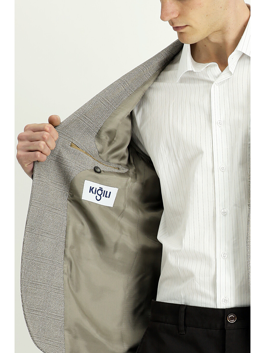 Bej 4 Drop Relaxed Fit Rahat Kesim Klasik Ekose Blazer Ceket-4