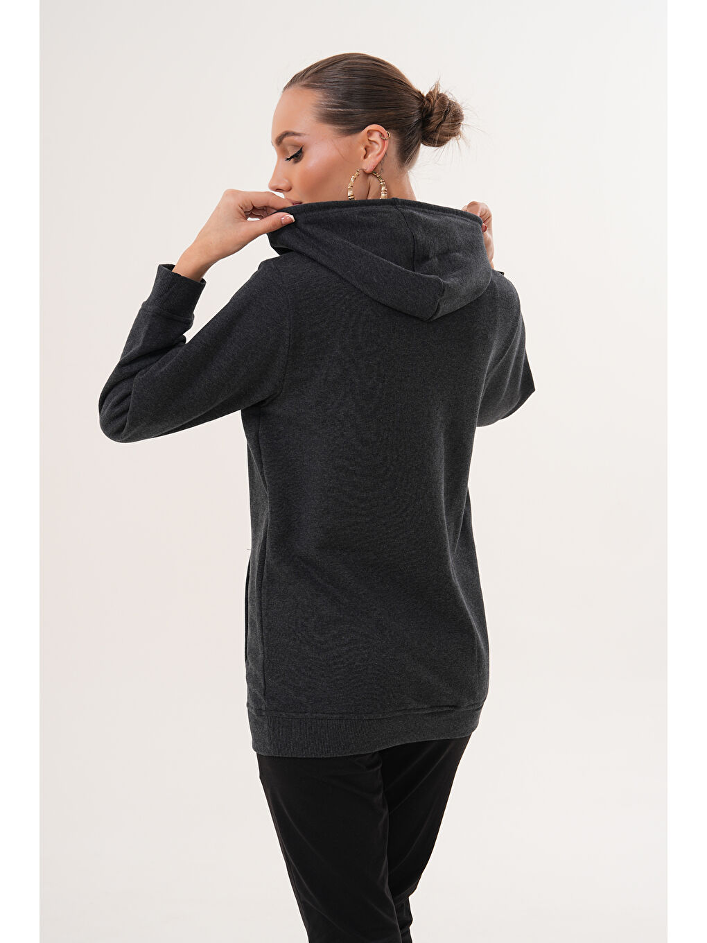 Antrasit %100 Pamuk Hamile ve Lohusa Basic Kapüşonlu Sweatshirt-6