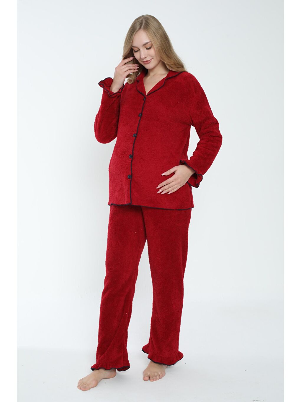 Bordo Önden Düğmeli Hamile ve Lohusa Pelüş Pijama Takımı-1
