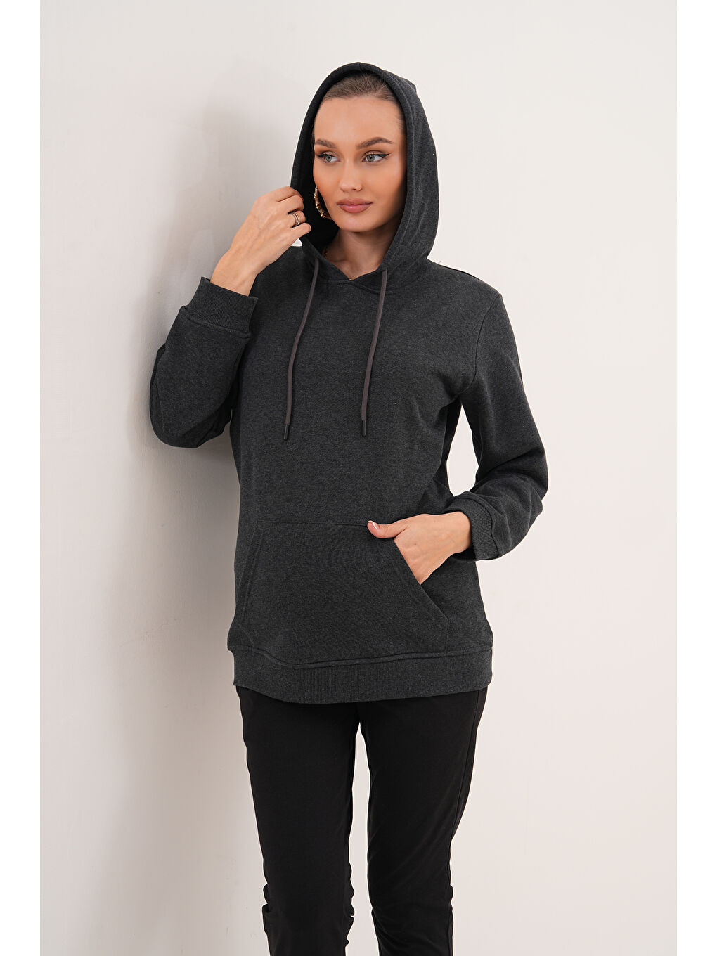 Antrasit %100 Pamuk Hamile ve Lohusa Basic Kapüşonlu Sweatshirt-7